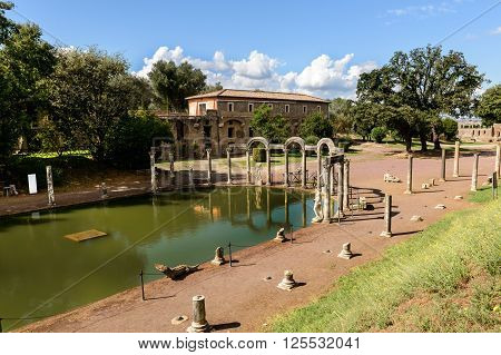 Ancient ruins of Villa Adriana(Canopus canal pool surrounded by columns and statues) Tivoli Italy
