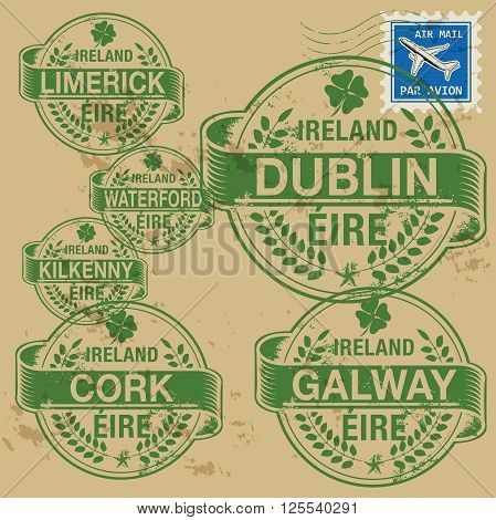 Grunge rubber stamp set with names of Ireland cities, vector illustration