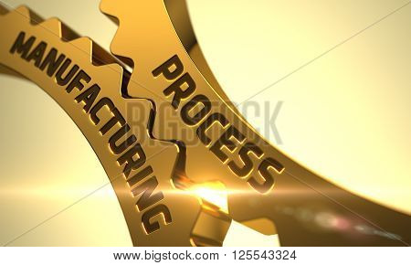 Process Manufacturing - Concept. Process Manufacturing on Mechanism of Golden Metallic Gears with Lens Flare. Process Manufacturing on the Golden Cog Gears. 3D Render.