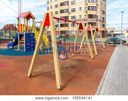 Andreevka, Russia - April 11.2016. playground in the residential complex Uyutniy