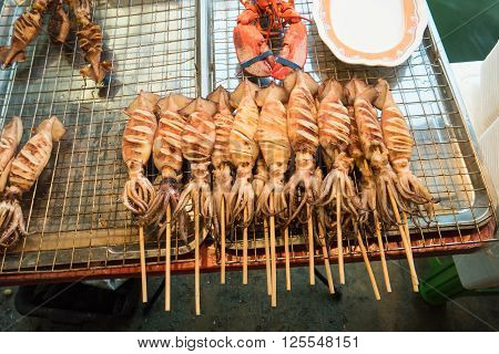 Fresh seafood at fish market near Bangkok, in Thailand
