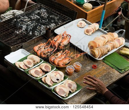 Fresh seafood at fish market near Bangkok, in Thailand