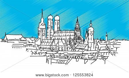 On The Roofs Of Munich, Vector Outline Sketch