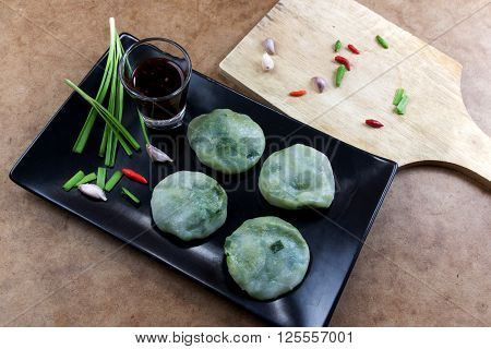Allium tuberosum. Garlic chives with soy source. Dim sum is chinese cuisine. Dimsum.
