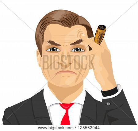 haughty mature businessman smoking cigar isolated on white background