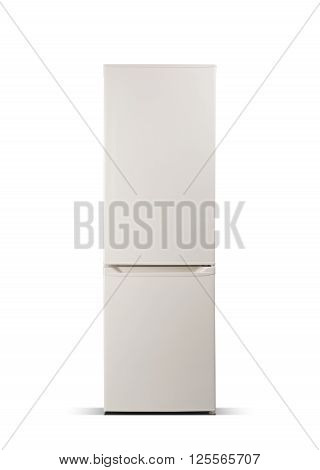 Beige refrigerator isolated on white, fridge freezer