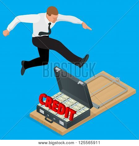 Businessman trying to avoid credit finance banking. Style money isometric. Credit loan trap concept. Mousetrap with Lot of money in a suitcase. Flat 3d isometric business concept.