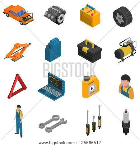 Isometric isolated icon set with colorful elements of car service like equipment staff and tools  vector illustration