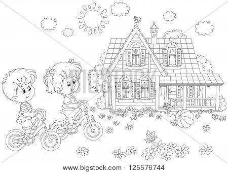 A black and white vector illustration of a little girl and a little boy riding bikes on a sunny summer day near a country house
