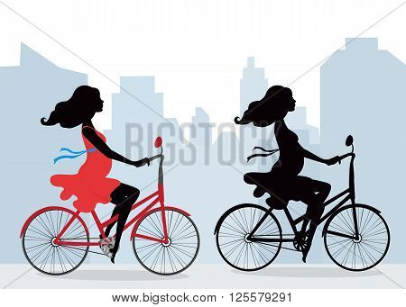Silhouettes of pregnant women on the bike . City background. Illustration in vector format. Horizontal.