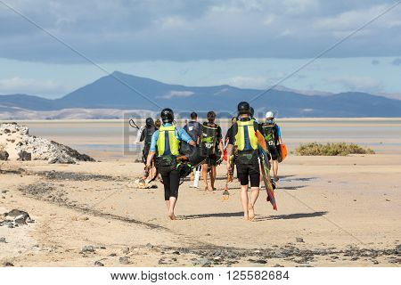 Fuerteventura, Spain - September 2015: Kitesurfers On Beach Playa De Sotavento Canary Island Fuertev