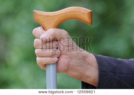 Vecchia mano con una canna su sfondo verde