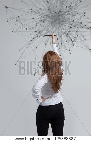 Global network connection concept, woman working with futuristic computer interface.