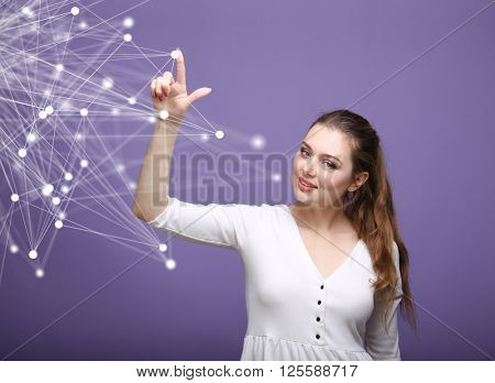 Global network concept, woman working with futuristic computer interface.