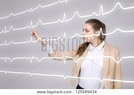 Doctor woman working with cardiogram lines