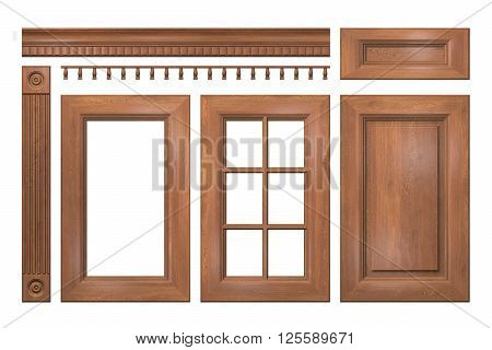 Front collection of isolated wooden doors, drawer, column, cornice for kitchen cabinet
