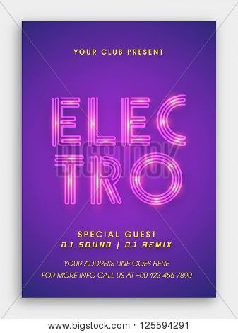 Musical Party Template, Dance Party Flyer, Night Party Banner or Club Invitation with glossy stylish text Electro on purple background.