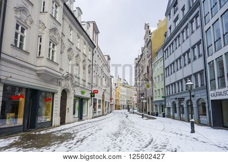 Augsburg Germany - January 17 2016: Old town street in city of Augsburg during winter time. Augsburg is Germany's third oldest city.