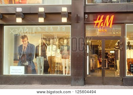 HELSINKI, FINLAND - April, 4, 2016: H&M shop in Helsinki, Finland. H&M is the Swedish retail network, largest in Europe clothes trade company
