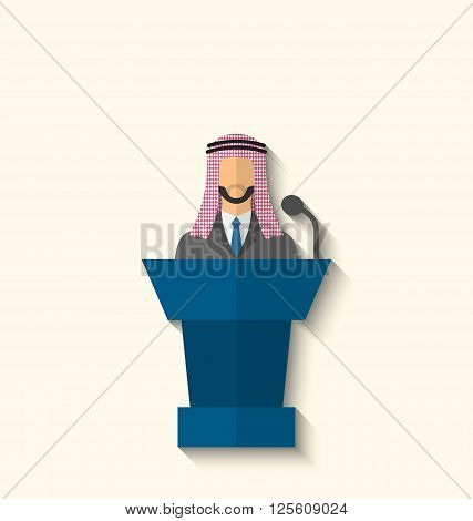 Illustration Arabic Businessman Orator in Keffiyeh Speaking From Rostrum, Politician on Conference, Flat Icon with Long Shadow Style - Vector
