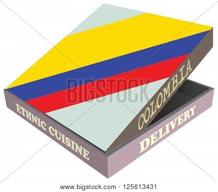 Delivery Ethnic cuisine Colombia. Cardboard packaging. Vector illustration.