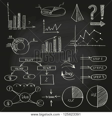 Business doodle sketch set: infographics elements isolated on white. Collection of icons: graphs, stats.Chalkboard effect. Vector illustrations.