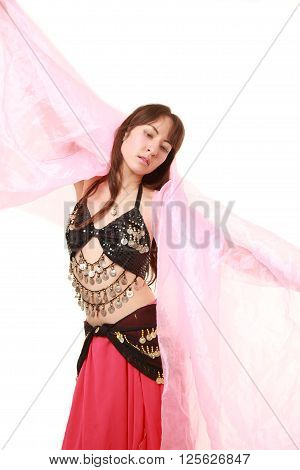 studio shot of belly dancer on white background