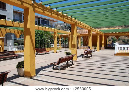 TORROX, SPAIN - JULY 1, 2008 - Partly covered seating / meeting area Torrox Malaga Province Andalucia Spain Western Europe, July 1, 2008.