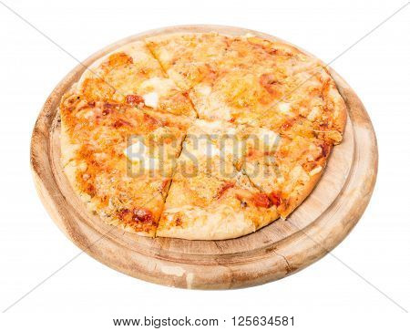 Delicious neapolitan pizza with mozzarella and ham on wooden platter. Isolated on a white background.
