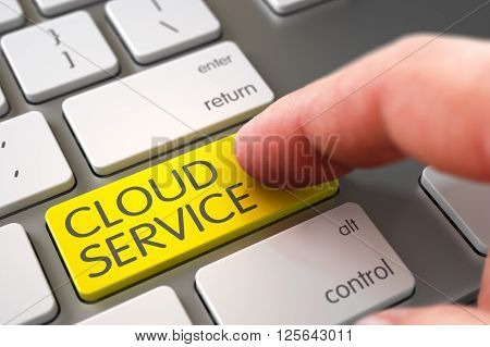 Hand Pushing Cloud Service Yellow Slim Aluminum Keyboard Key. Selective Focus on the Cloud Service Key. Modern Keyboard with Cloud Service Yellow Key. 3D Rendering.