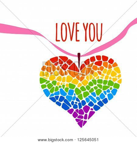 Mosaic rainbow heart on white background. Rainbow heart vector icon. Rainbow heart  LGBT logo. LGBT symbol. Gay culture sign. Gay pride design element. Mosaic rainbow heart with ribbon. Lettering Love you