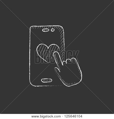 Smartphone with heart sign. Drawn in chalk icon.