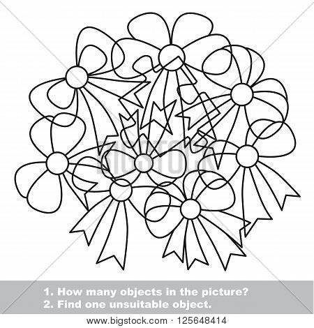 Bow mishmash set in vector outlined to be colored.  Find all hidden objects on the picture. Visual game for children.