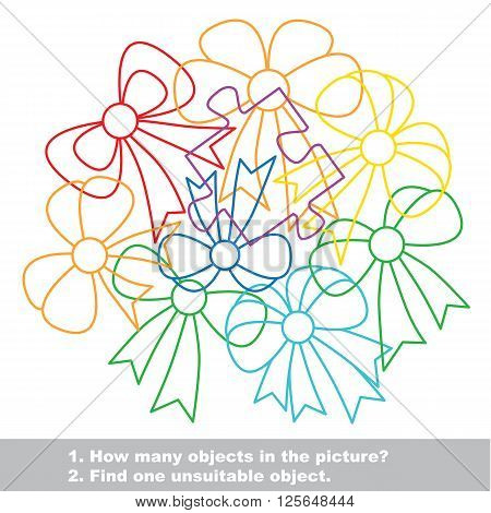 Bow mishmash colorful set in vector. Find all hidden objects on the picture. Find one unfit object. Visual game for children.