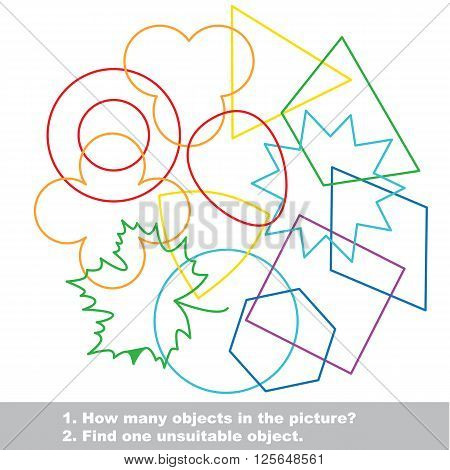 Geometric shapes mishmash colorful set in vector. Find all hidden objects on the picture. Find one unfit object. Visual game for children.