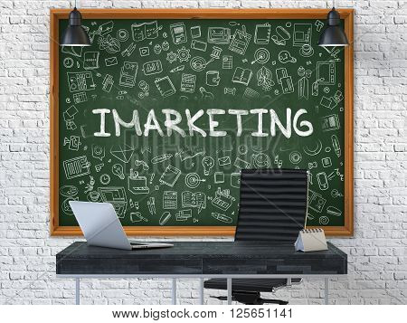 Imarketing - Handwritten Inscription by Chalk on Green Chalkboard with Doodle Icons Around. Business Concept in the Interior of a Modern Office on the White Brick Wall Background. 3D.