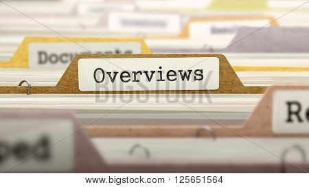 Overviews Concept on File Label in Multicolor Card Index. Closeup View. Selective Focus. 3D Render.