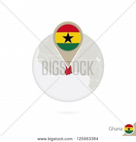 Ghana Map And Flag In Circle. Map Of Ghana, Ghana Flag Pin. Map Of Ghana In The Style Of The Globe.