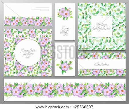 set consisting of two seamless floral pattern leaf pattern seamless border and welcome or greeting cards. Wedding womens day mother's day birthday backgrounds. Stock vector illustration.