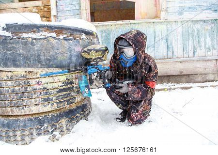 Saint-Petersburg, Russia - February 21, 2016: Big annual paintball scenario game 'Day M' in Snaker club