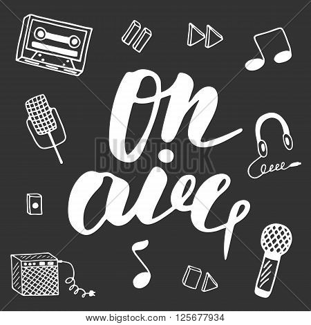 Cute hand drawn postcard with musical objects collection including note earphones microphone recoder recoder buttons combo tape. On air lettering banner for radio television