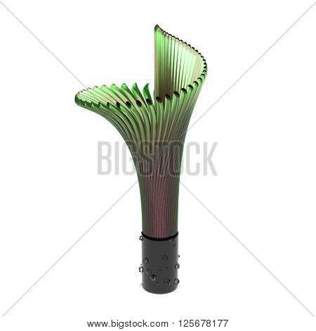 Empty yellow green glass vase in the form of lily bud isolated on white background with crystals. 3D rendering