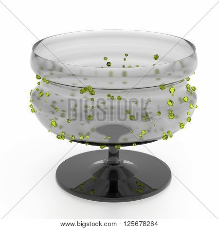 Empty glass vase isolated on white background with yellow crystals. 3D Illustration