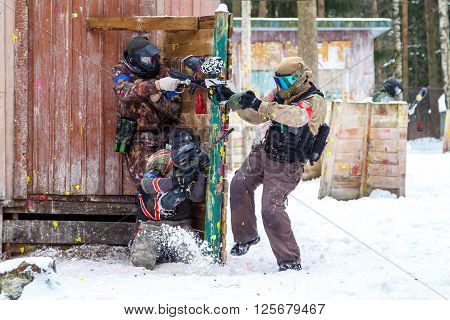 Saint-Petersburg, Russia - February 21, 2016: Big annual paintball scenario game 'Day M' in Snaker club
