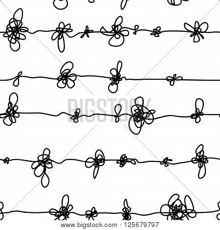 Abstract black strands with knots. Seamless pattern. Coloful vector illustration for your design. White.