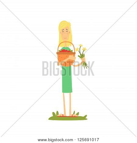 Girl With Basket Of Fruits Flat Isolated Vector Image In Simple Childish Style On White Background
