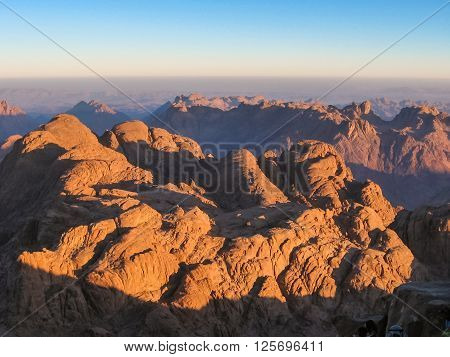 Spectacular aerial view of the holy summit of Mount Sinai, Aka Jebel Musa, 2285 meters, at sunrise, Sinai Peninsula in Egypt.