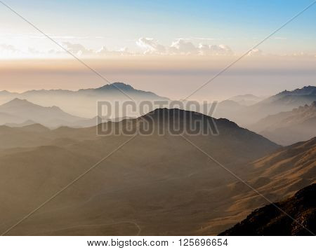 Spectacular aerial view of the holy summit of Mount Sinai, Aka Jebel Musa, 2285 meters, at sunrise, Sinai Peninsula in Egypt.