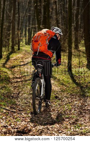 Cyclist in action at Freestyle Mountain Bike Session in green forest