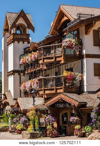 Vail, USA - September 10, 2015: Swiss Style Decorated Building of Lancelot Restaurant in Vail,Colorado